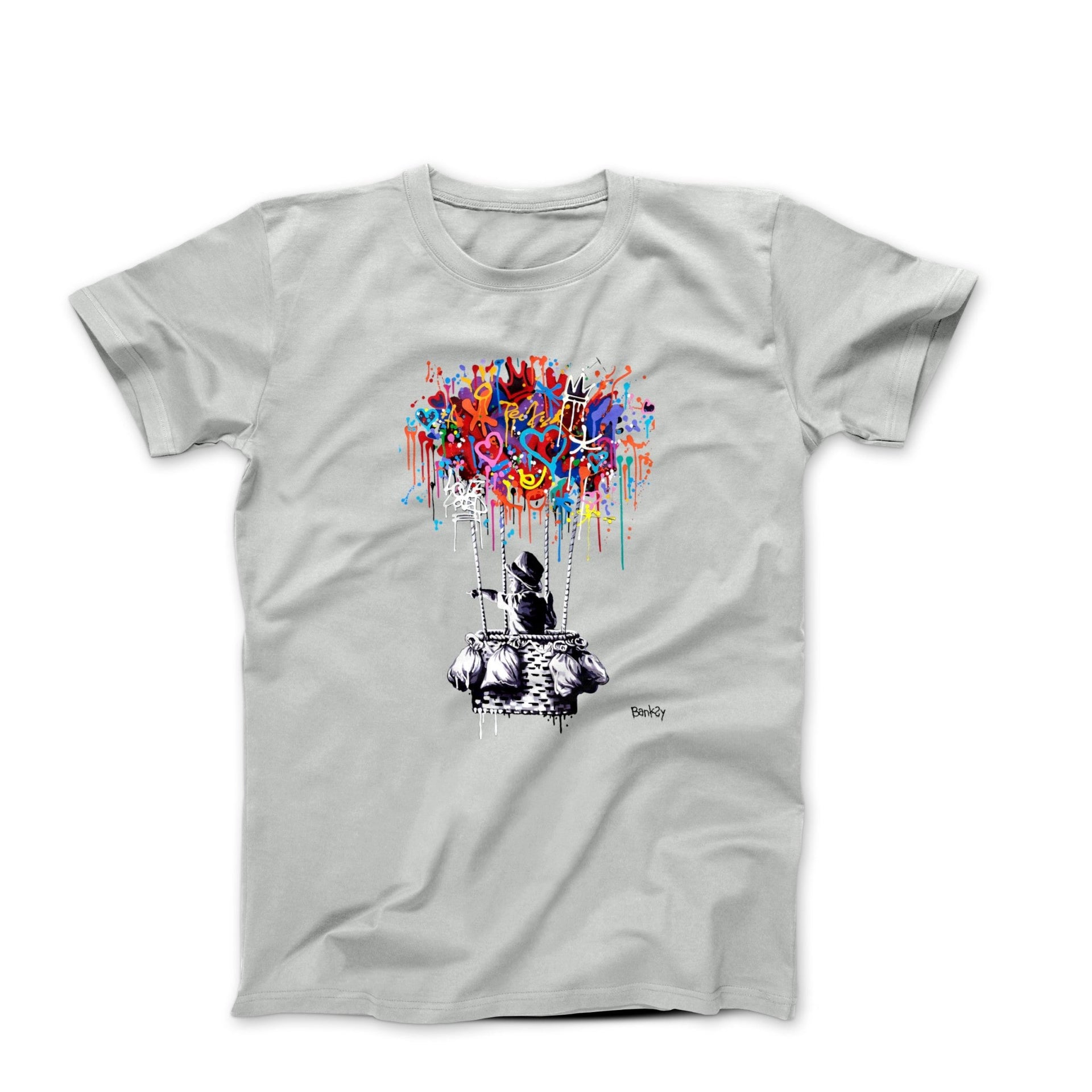 Banksy Boy Flying In Balloon Street Art T-shirt - Clothing - Harvey Ltd