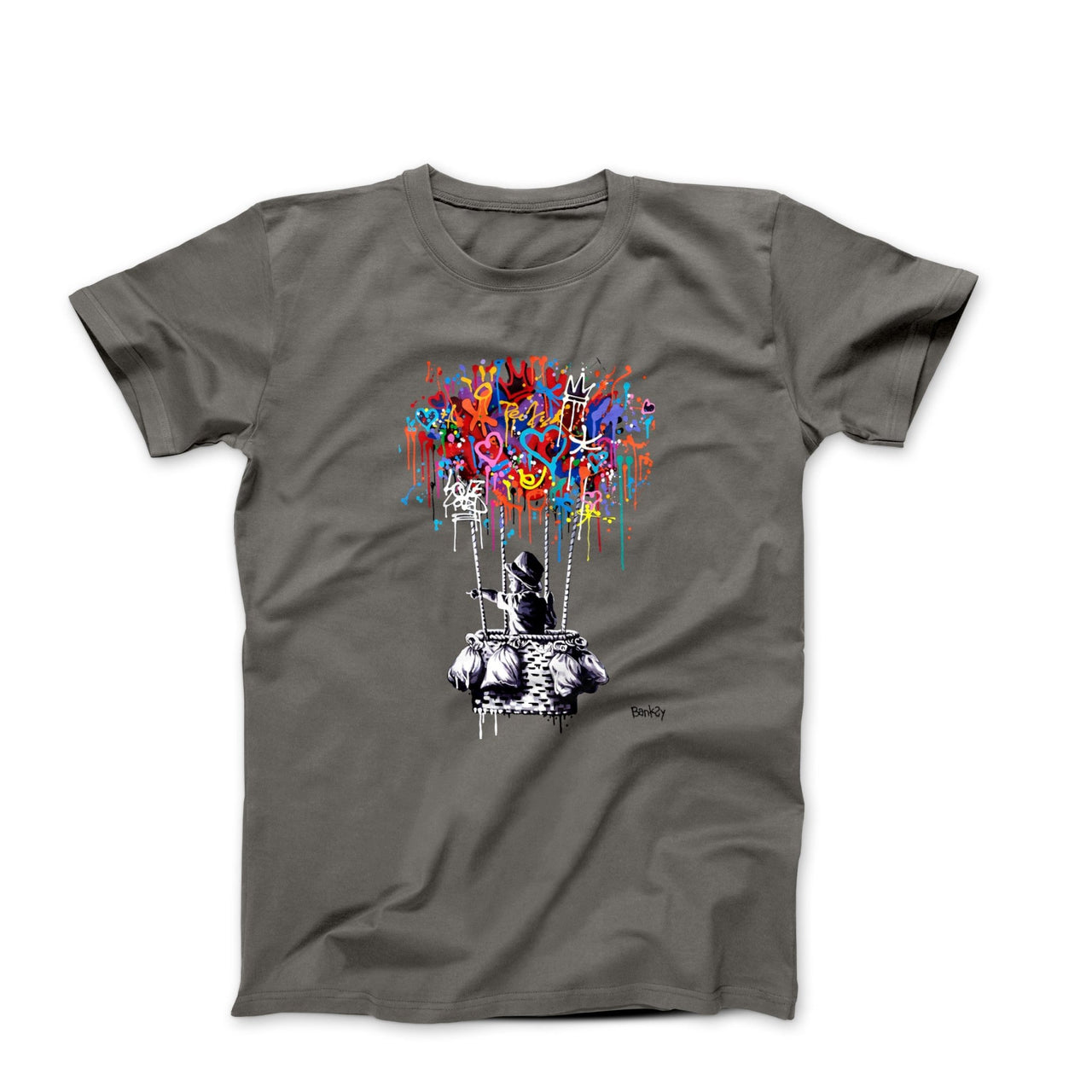 Banksy Boy Flying In Balloon Street Art T-shirt - Clothing - Harvey Ltd