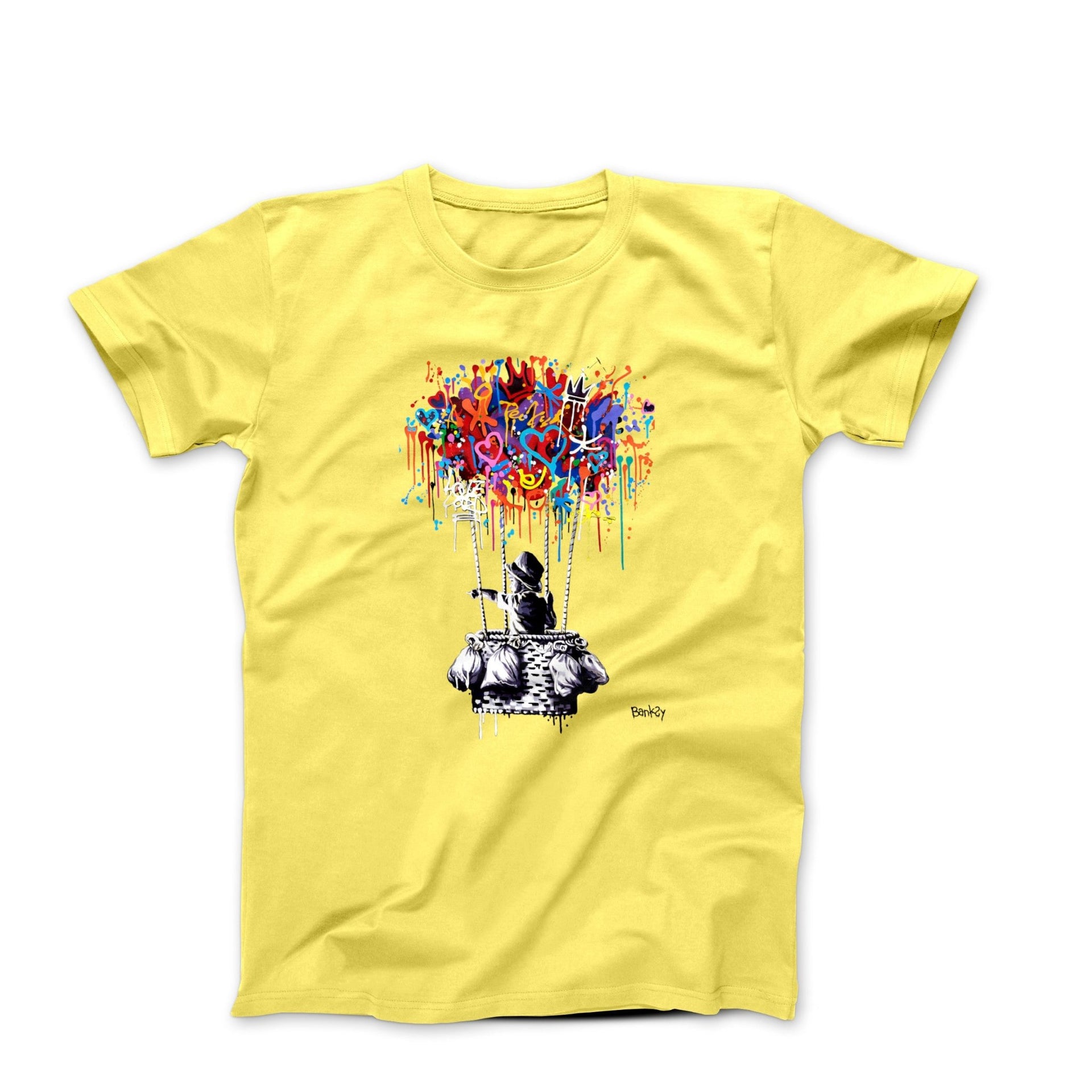 Banksy Boy Flying In Balloon Street Art T-shirt - Clothing - Harvey Ltd