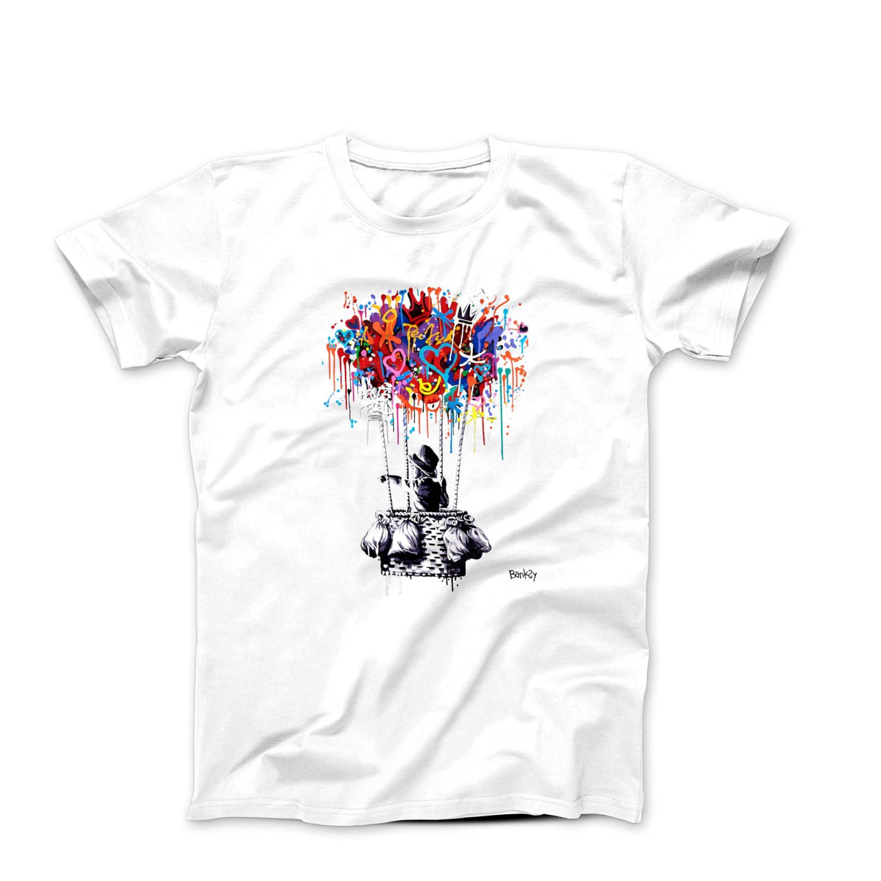 Banksy Boy Flying In Balloon Street Art T-shirt - Clothing - Harvey Ltd