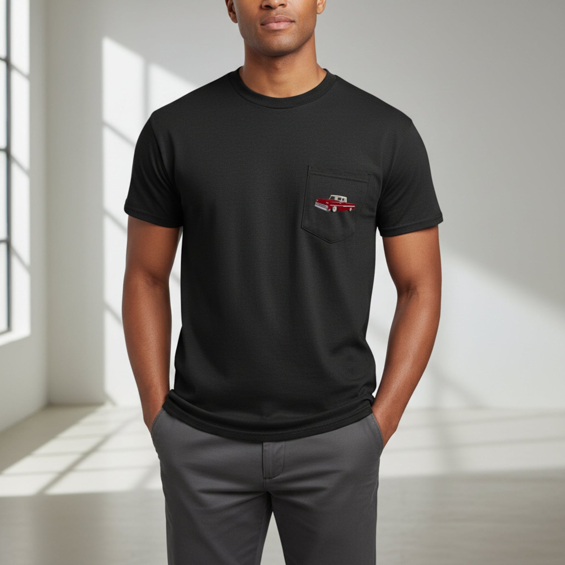 1965 Chevy C10 Pickup Truck Pocket T-shirt - Cars, Trucks & Cycles - Harvey Ltd