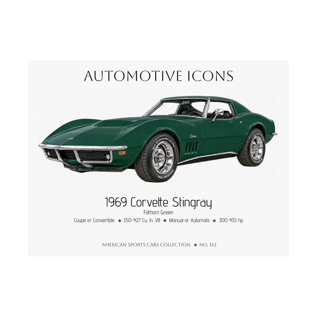 1969 Chevy Corvette Stingray Fathom Green Art Print Matte Poster | 24" x 18" horizontal - Cars, Trucks & Cycles - Harvey Ltd