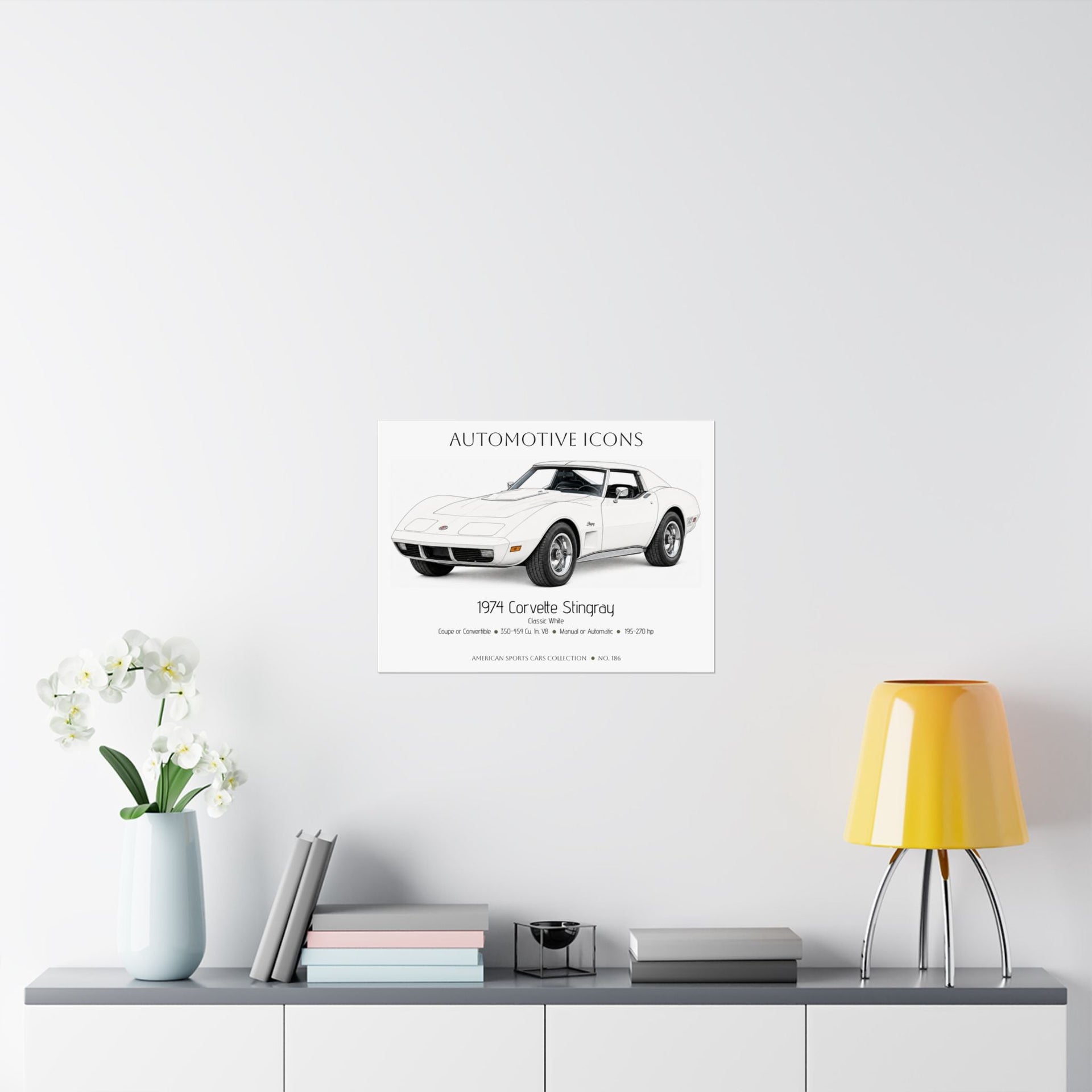 1974 Chevy Corvette Stingray Classic White Art Print Matte Poster | 24" x 18" Horizontal - Cars, Trucks & Cycles - Harvey Ltd