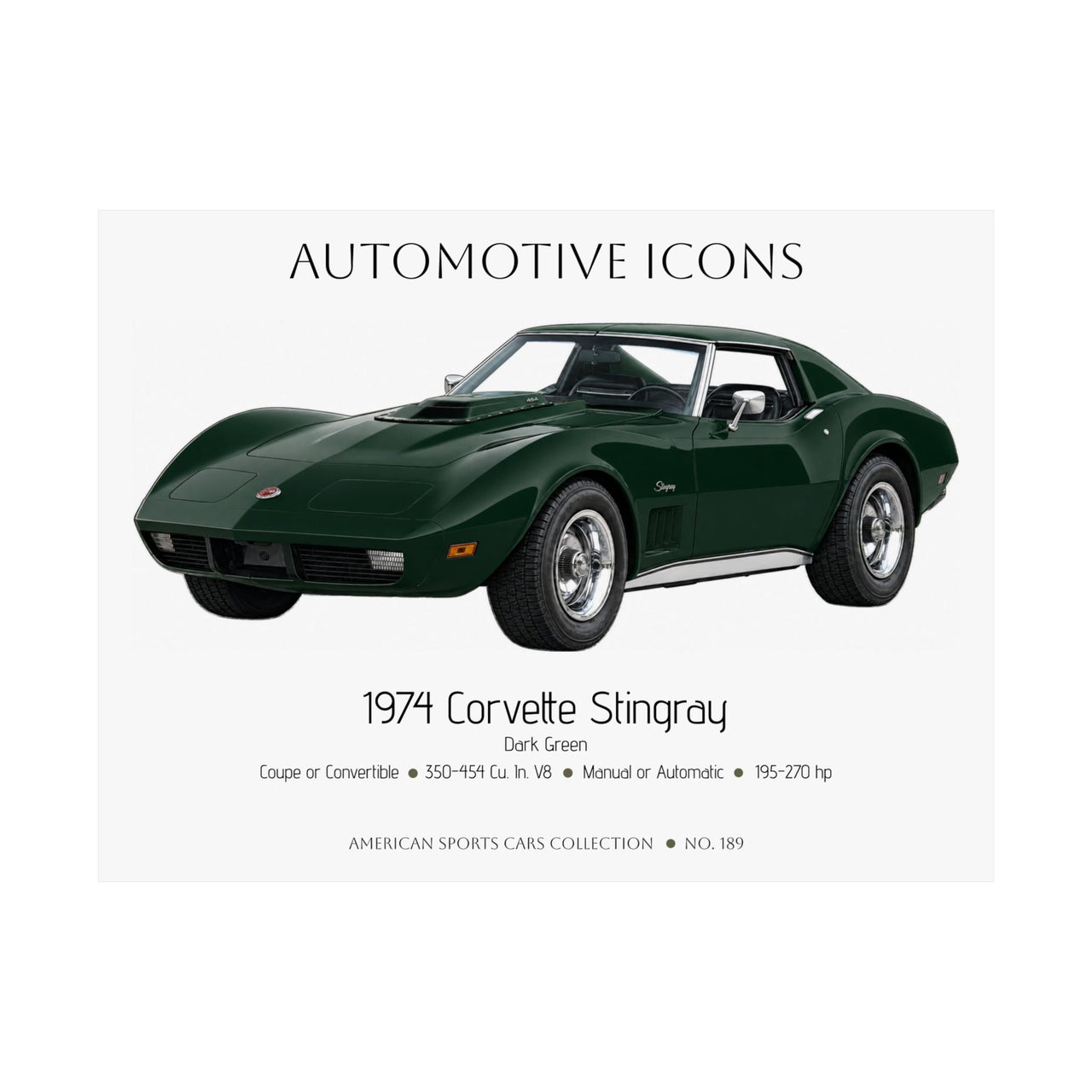 1974 Chevy Corvette Stingray Dark Green Art Print Matte Poster | 24" x 18" horizontal - Cars, Trucks & Cycles - Harvey Ltd