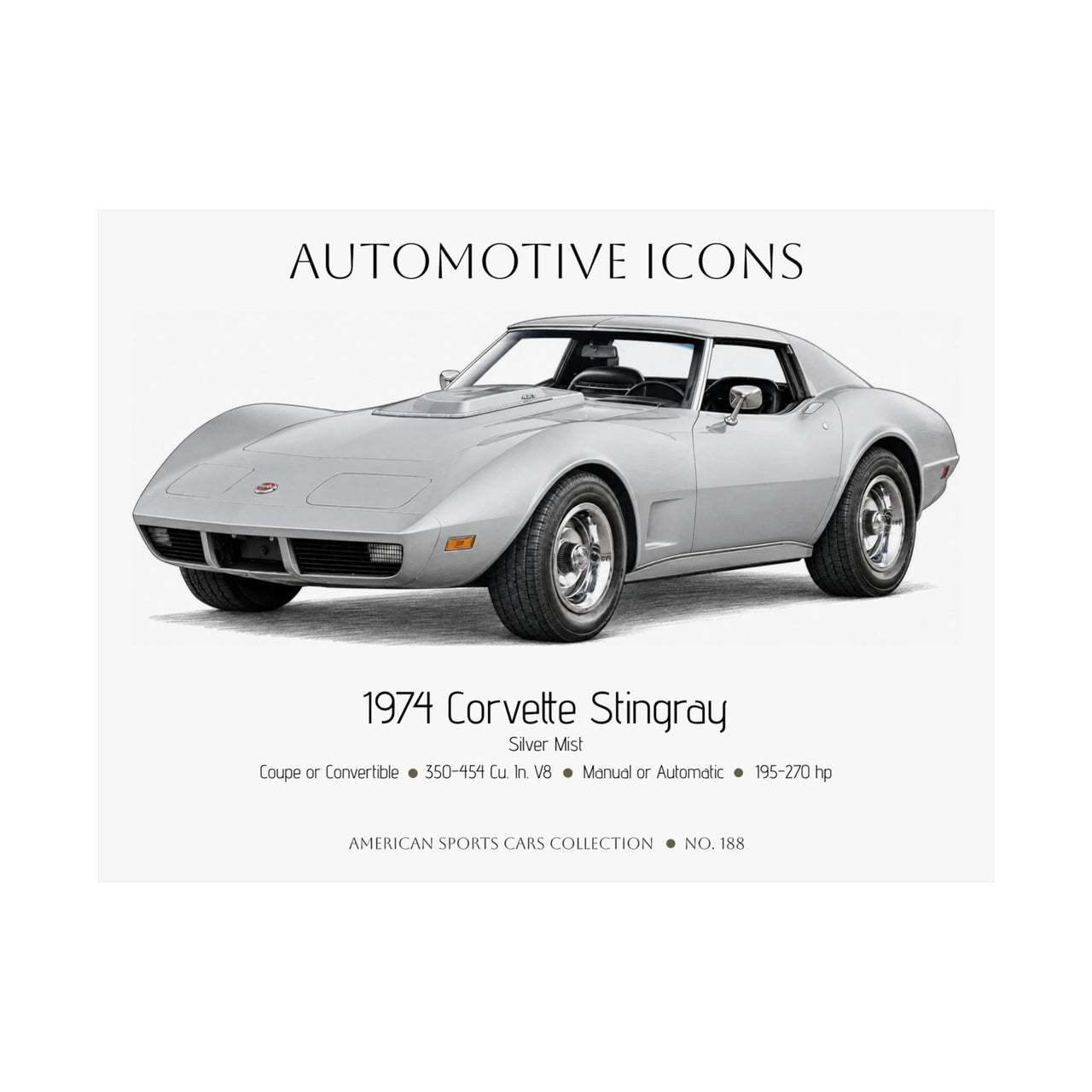 1974 Chevy Corvette Stingray Silver Mist Art Print Matte Poster | 24" x 18" horizontal - Cars, Trucks & Cycles - Harvey Ltd