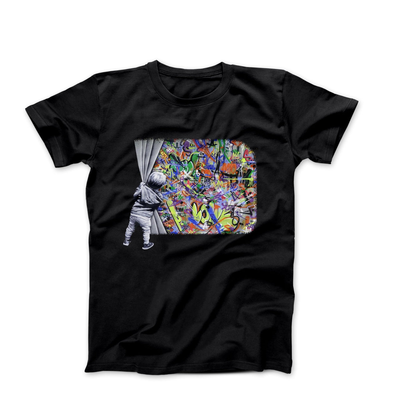 Banksy Behind the Curtain (2015) Graffiti Art T - shirt - Clothing - Harvey Ltd