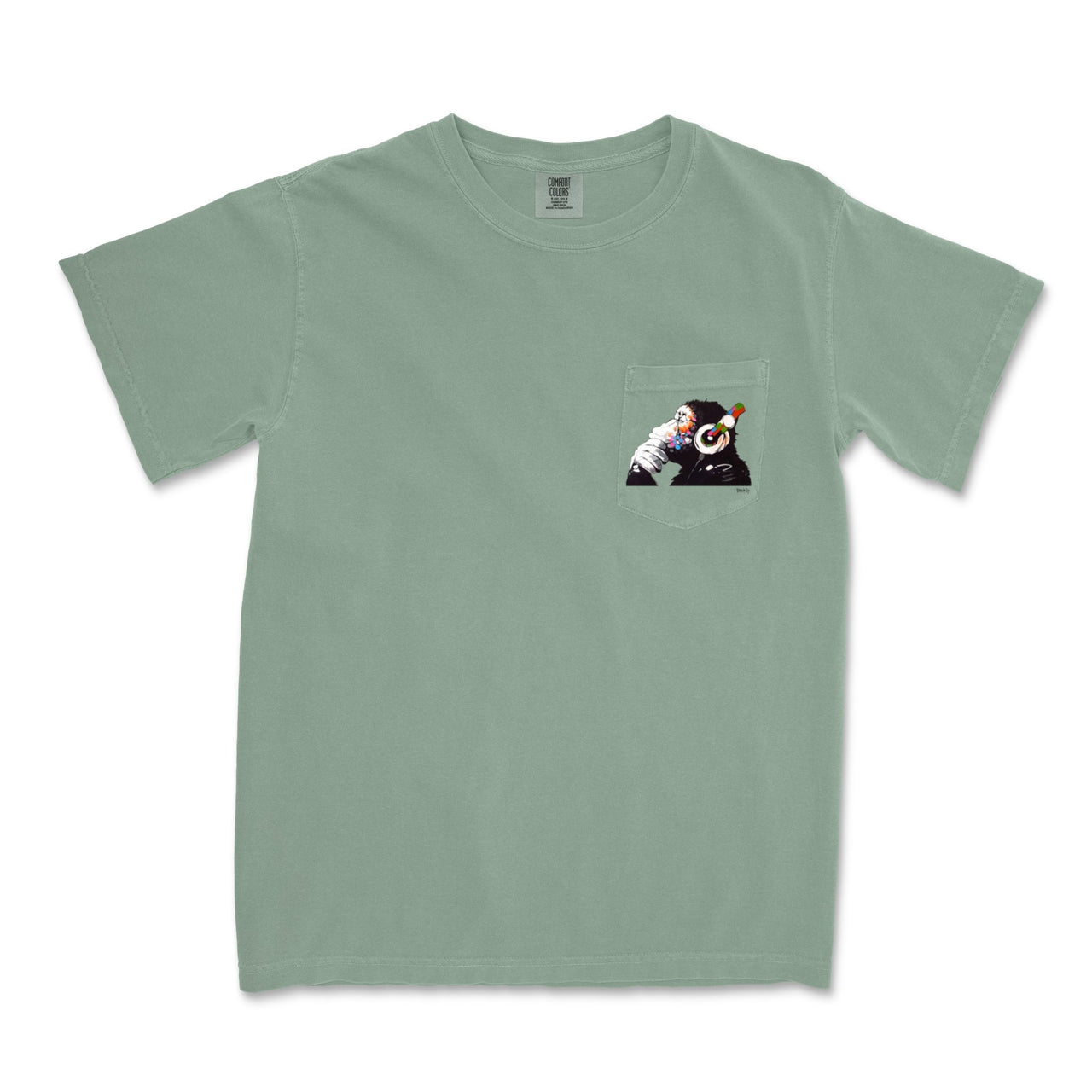 Banksy DJ Thinker Monkey Garment - Dyed Pocket T-Shirt - Street, Pop & Media Art - Harvey Ltd