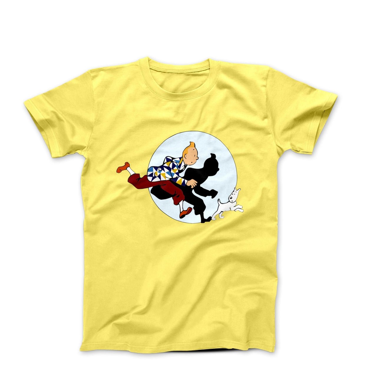 Tintin and Snowy Getting Hit By A Spotlight T-Shirt - Comics, Movies & Music - Harvey Ltd