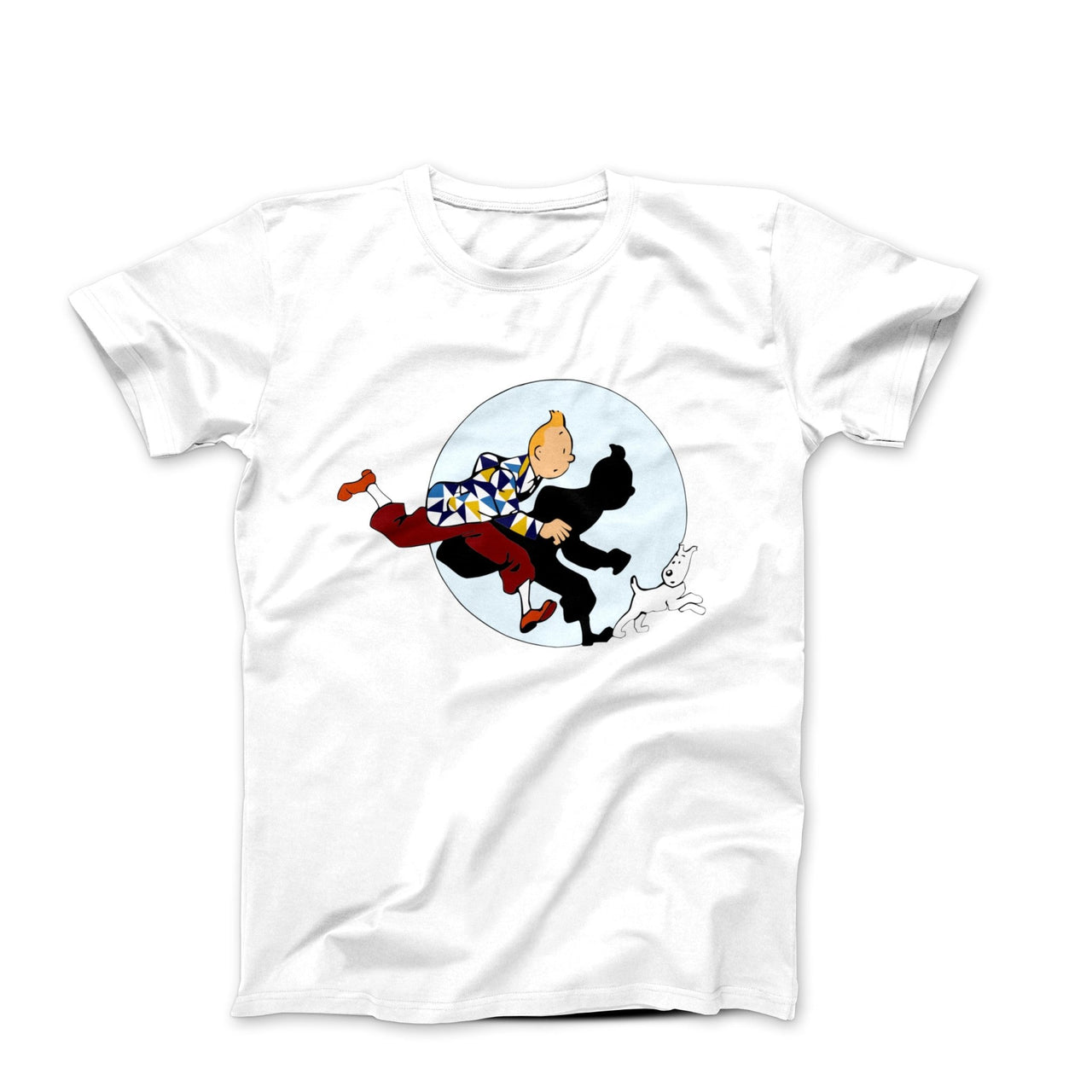 Tintin and Snowy Getting Hit By A Spotlight T-Shirt - Comics, Movies & Music - Harvey Ltd