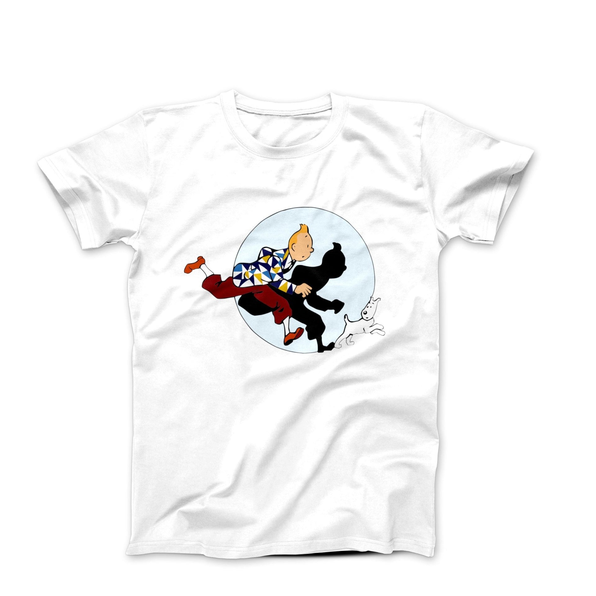 Tintin and Snowy Getting Hit By A Spotlight T-Shirt - Comics, Movies & Music - Harvey Ltd
