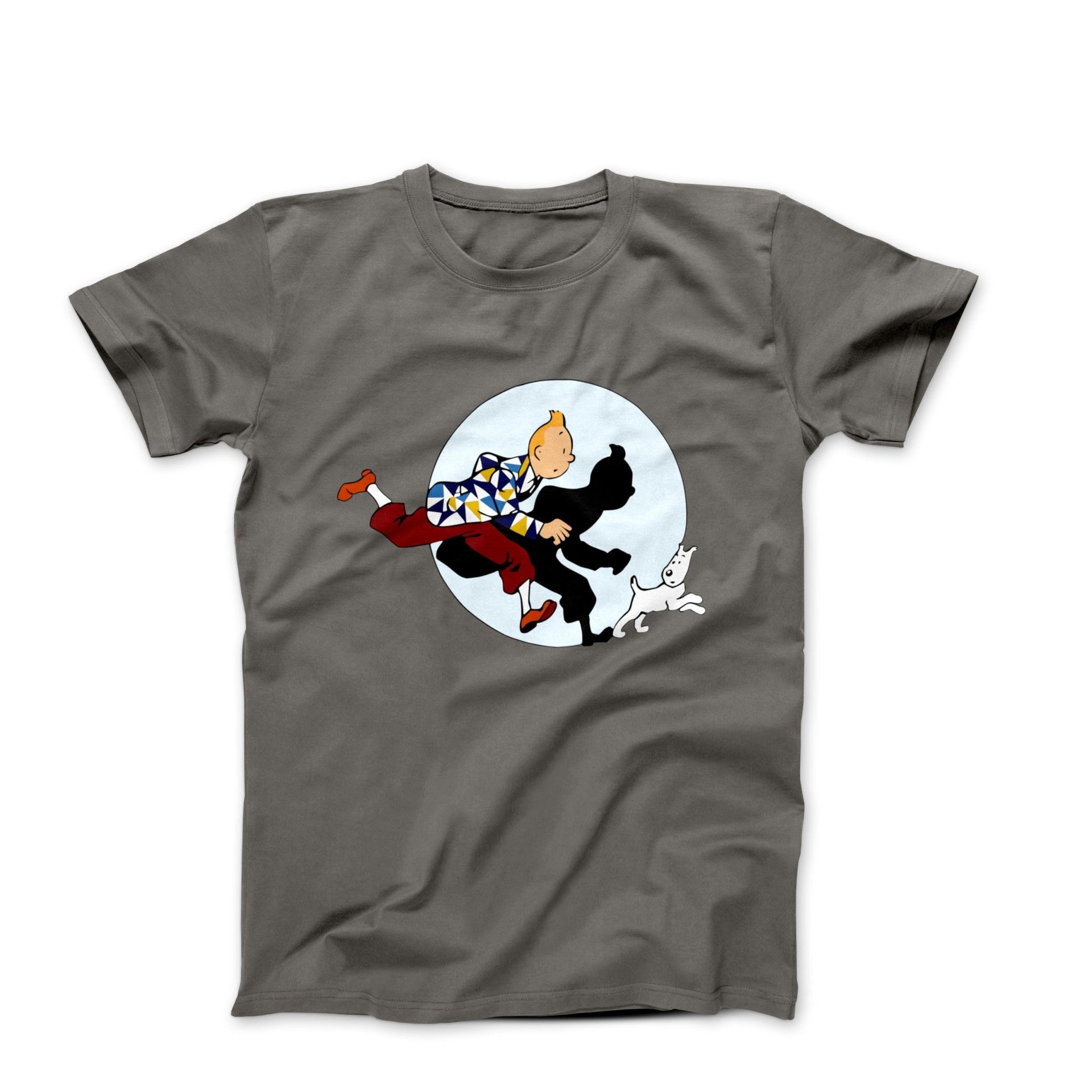 Tintin and Snowy Getting Hit By A Spotlight T-Shirt - Comics, Movies & Music - Harvey Ltd