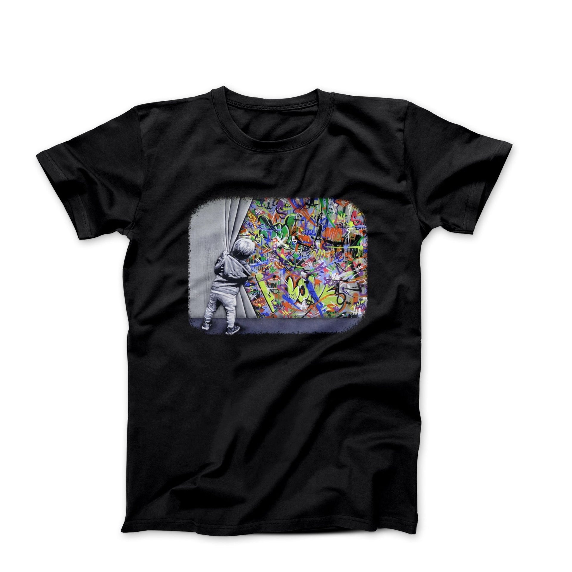 Banksy Behind the Curtain (2015) Graffiti Art T-shirt - Clothing - Harvey Ltd