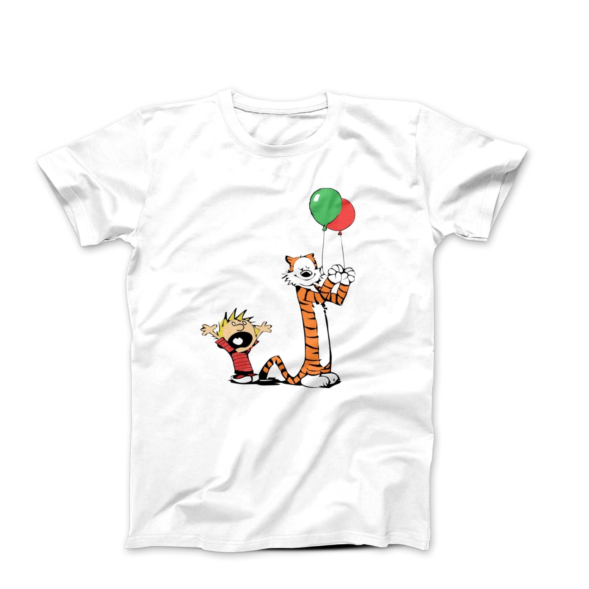 Calvin & Hobbes Fighting Over Balloons Illustration T-shirt - Clothing - Harvey Ltd