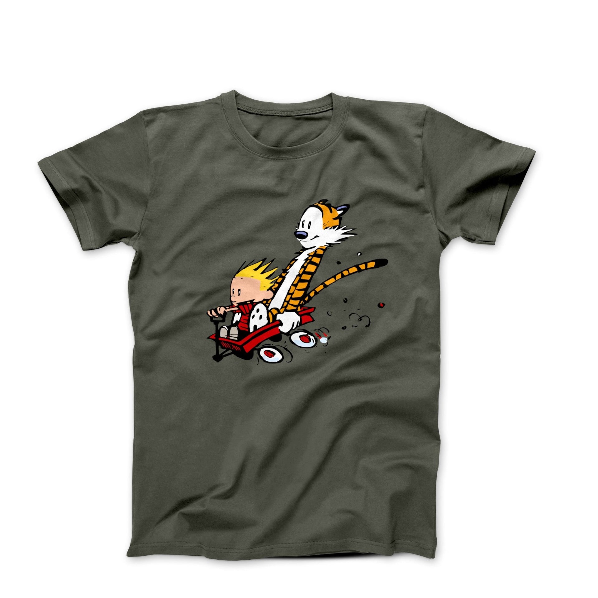 Calvin & Hobbes Speeding Downhill in a Wagon T-shirt - Clothing - Harvey Ltd